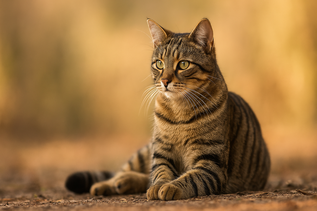 Chat tigré (tabby) motif mackerel couché au soleil