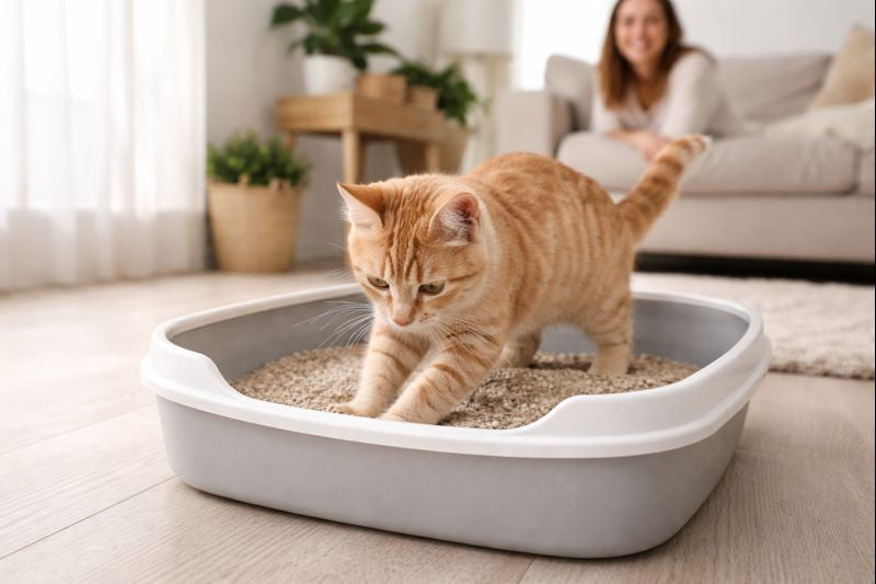 Chaton utilisant la litière pour apprendre la propreté à la maison avec une approche bienveillante